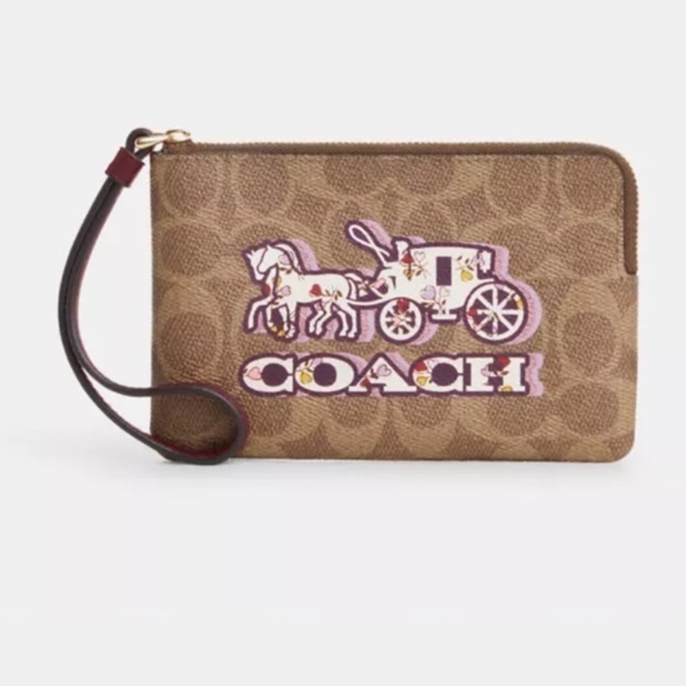 New Coach Corner Zip Wristlet In Signature Canvas With Horse And Carriage Print